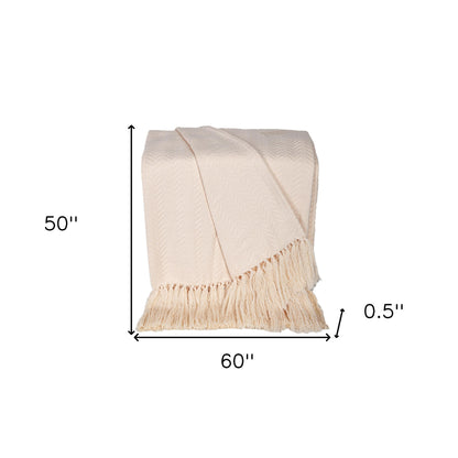 50" X 60" Cream Woven Cotton Herringbone Throw Blanket with Fringe