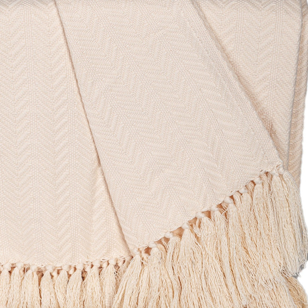 50" X 60" Cream Woven Cotton Herringbone Throw Blanket with Fringe