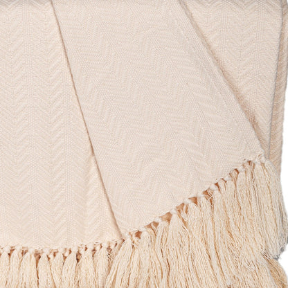 50" X 60" Cream Woven Cotton Herringbone Throw Blanket with Fringe