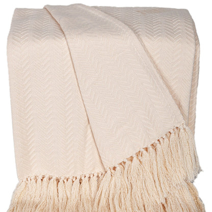 50" X 60" Cream Woven Cotton Herringbone Throw Blanket with Fringe