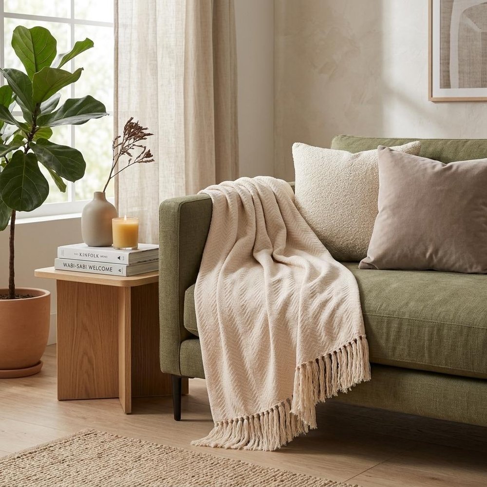 50" X 60" Cream Woven Cotton Herringbone Throw Blanket with Fringe