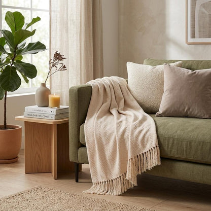 50" X 60" Cream Woven Cotton Herringbone Throw Blanket with Fringe
