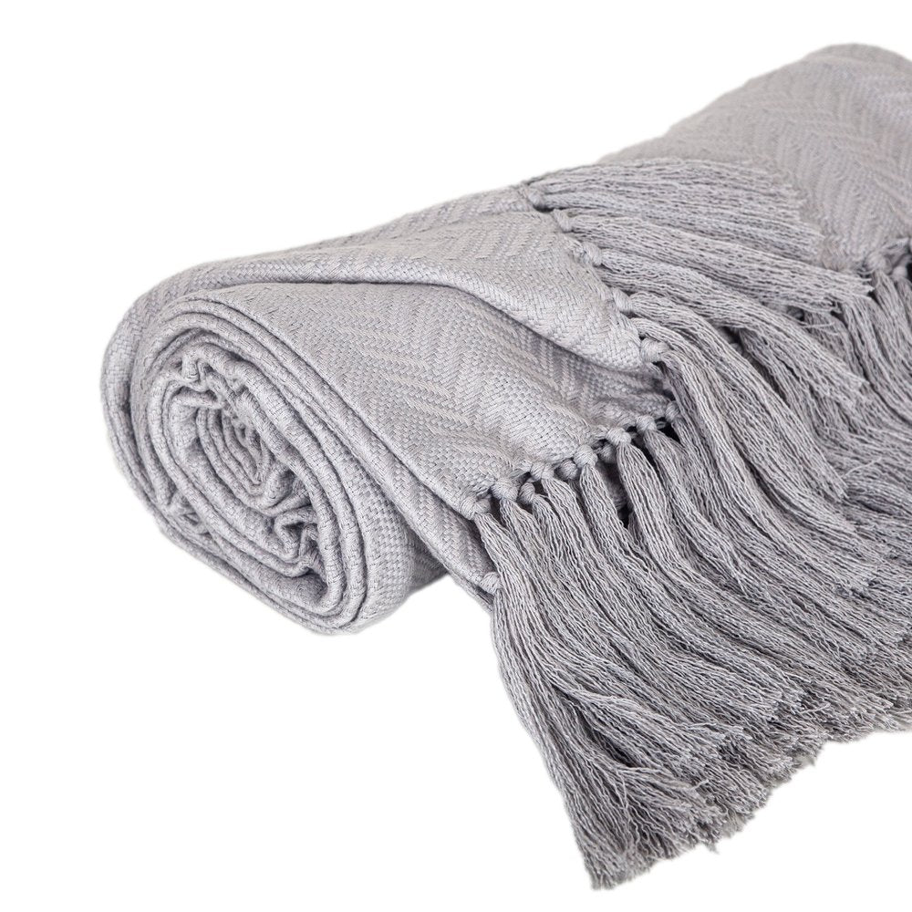 50" X 60" Gray Woven Cotton Herringbone Throw Blanket with Fringe