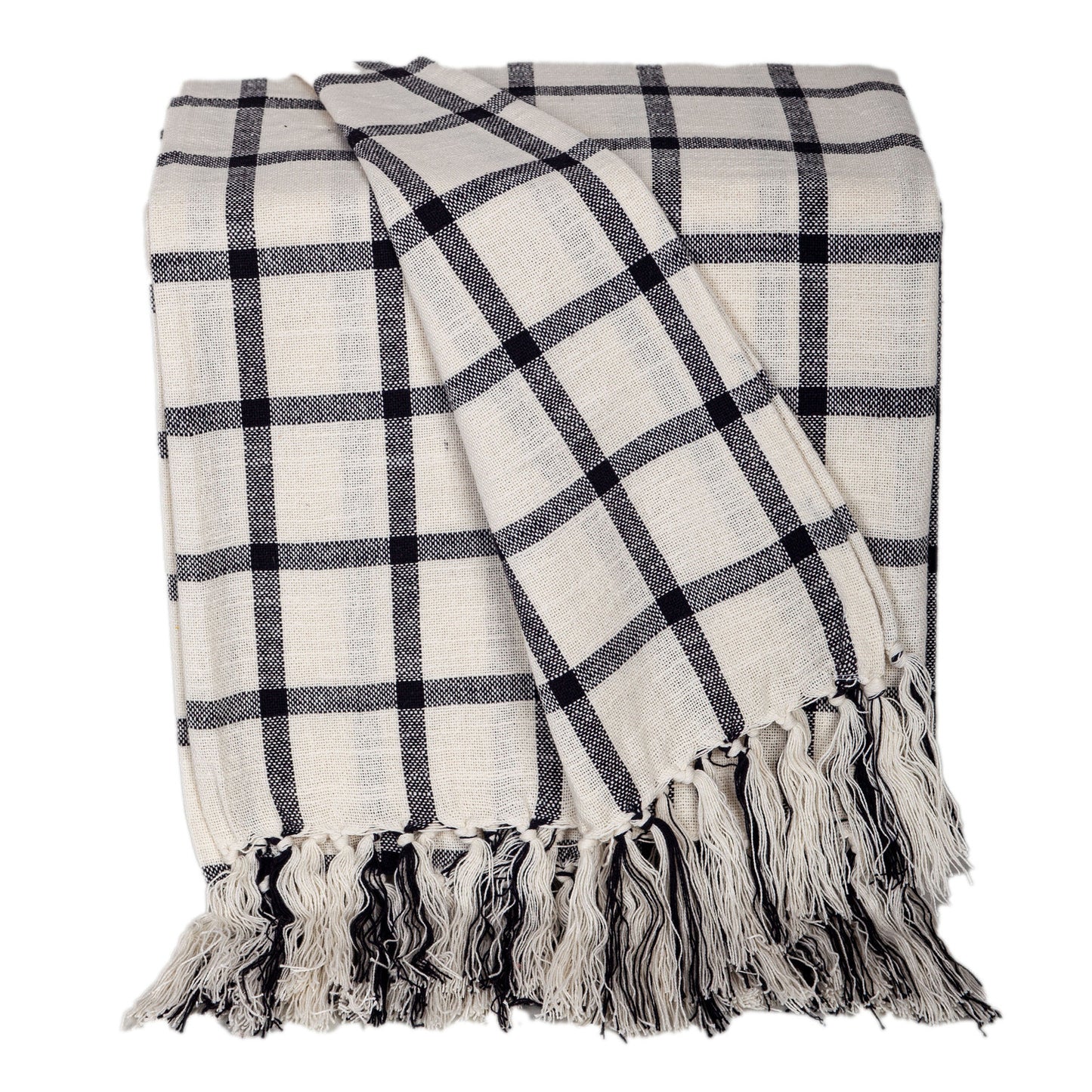 50" X 60" Black and Off White Cotton Woven Plaid Throw Throw Blanket with Fringe