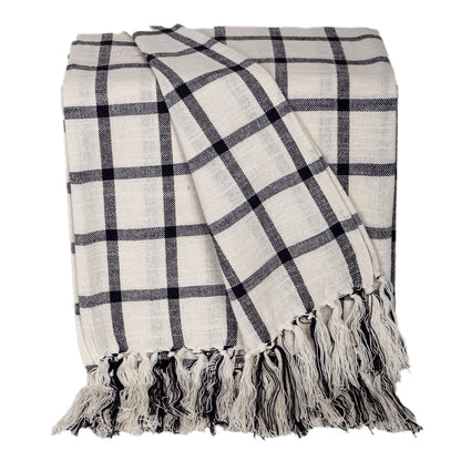 50" X 60" Black and Off White Cotton Woven Plaid Throw Throw Blanket with Fringe