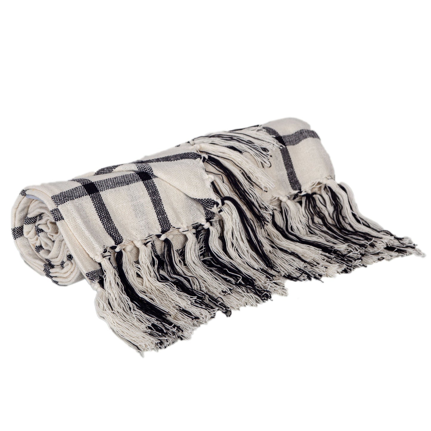 50" X 60" Black and Off White Cotton Woven Plaid Throw Throw Blanket with Fringe