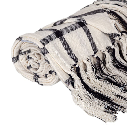 50" X 60" Black and Off White Cotton Woven Plaid Throw Throw Blanket with Fringe