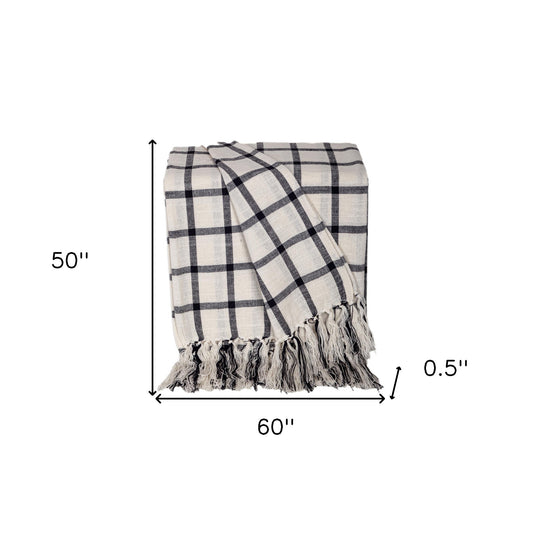 50" X 60" Black and Off White Cotton Woven Plaid Throw Throw Blanket with Fringe