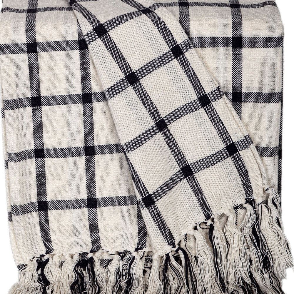 50" X 60" Black and Off White Cotton Woven Plaid Throw Throw Blanket with Fringe