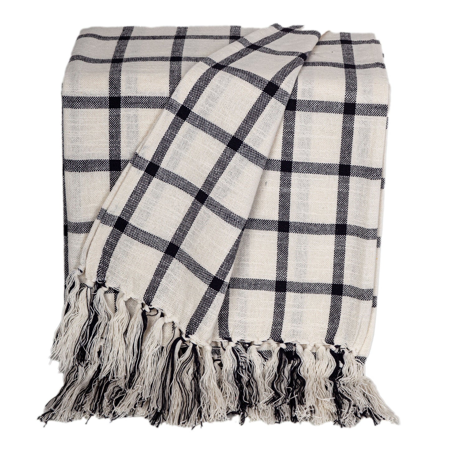 50" X 60" Black and Off White Cotton Woven Plaid Throw Throw Blanket with Fringe