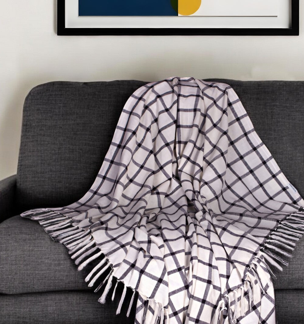 50" X 60" Black and Off White Cotton Woven Plaid Throw Throw Blanket with Fringe