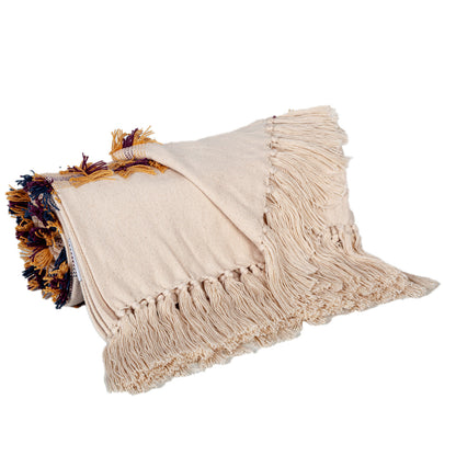 50" X 60" Ivory Blue and Yellow Woven Cotton Striped Throw Blanket with Tassels and Fringe