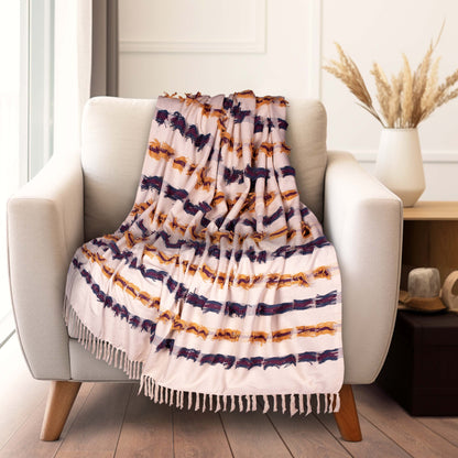 50" X 60" Ivory Blue and Yellow Woven Cotton Striped Throw Blanket with Tassels and Fringe