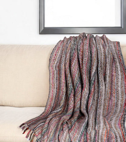 50" X 60" Orange Brown and Ivory Woven Acrylic Striped Throw Blanket with Fringe