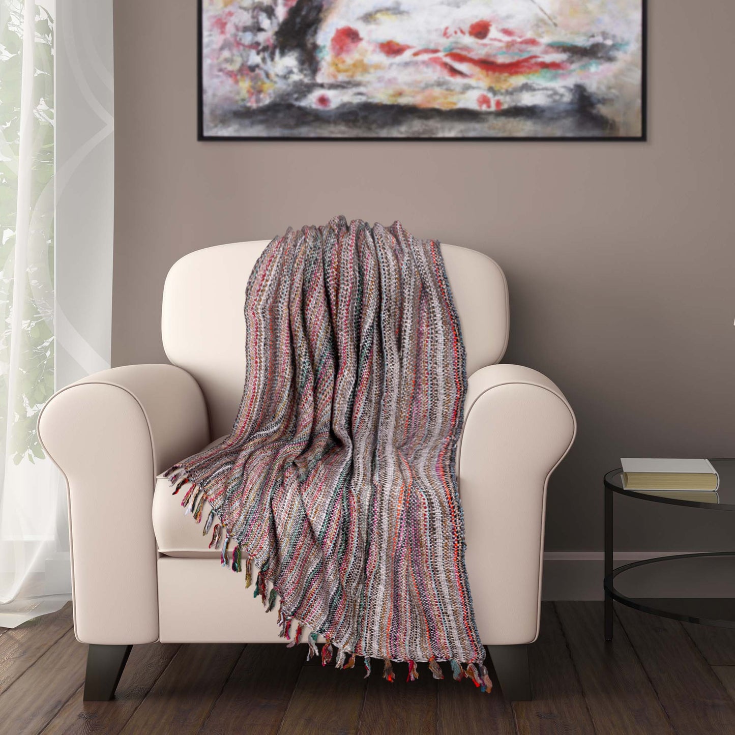 50" X 60" Orange Brown and Ivory Woven Acrylic Striped Throw Blanket with Fringe