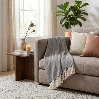 52" X 67" Gray and Ivory Woven Cotton Herringbone Throw Blanket with Fringe