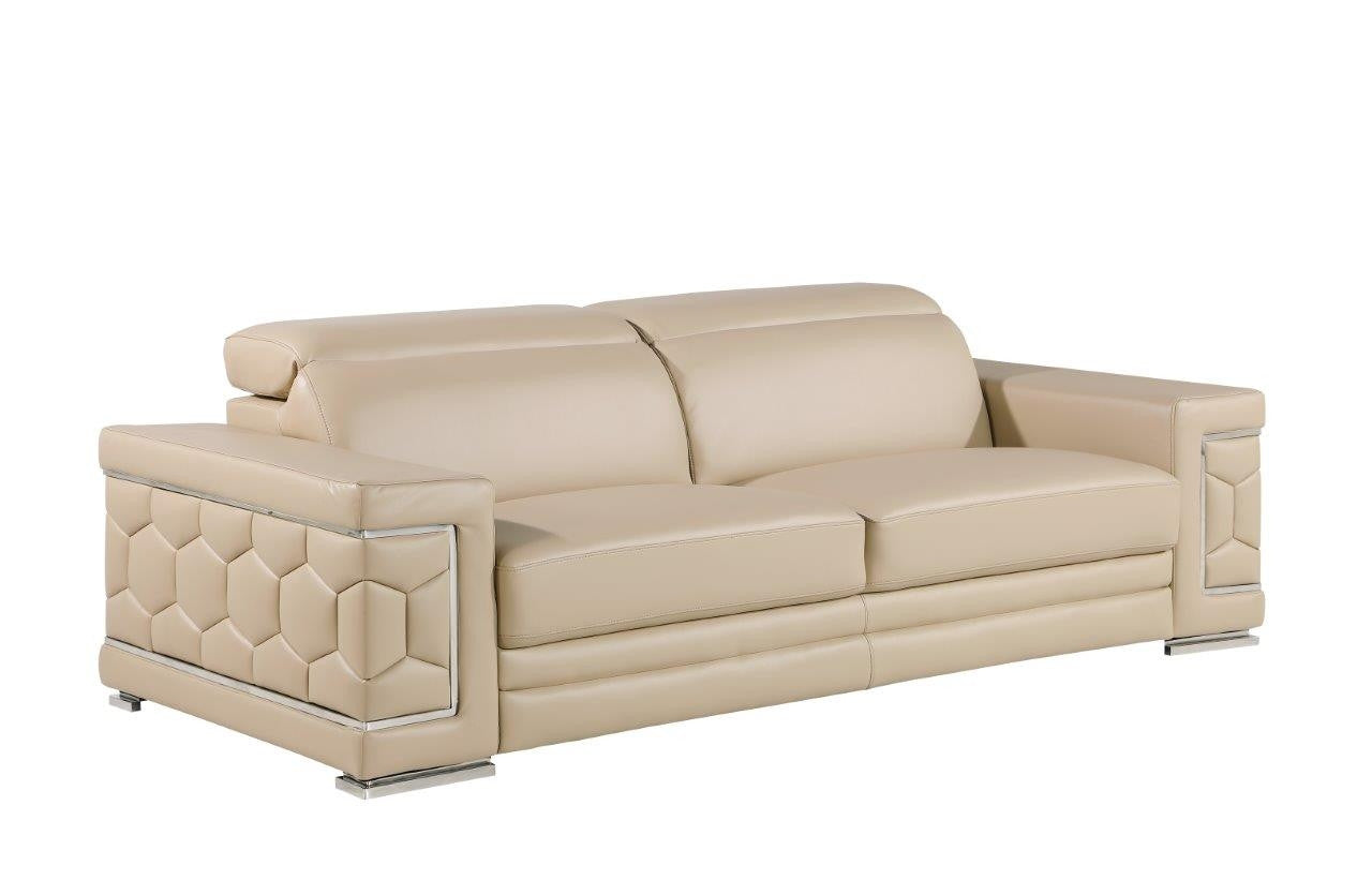 89" Beige Leather Sofa With Silver Legs