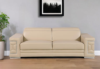 89" Beige Leather Sofa With Silver Legs