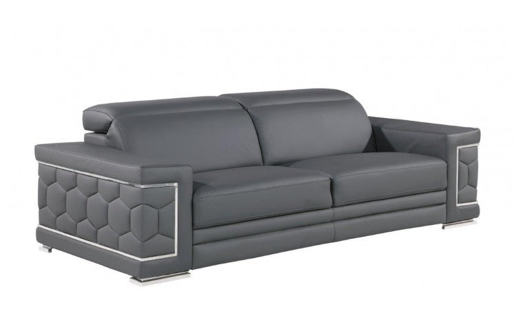 89" Gray Leather Sofa With Silver Legs