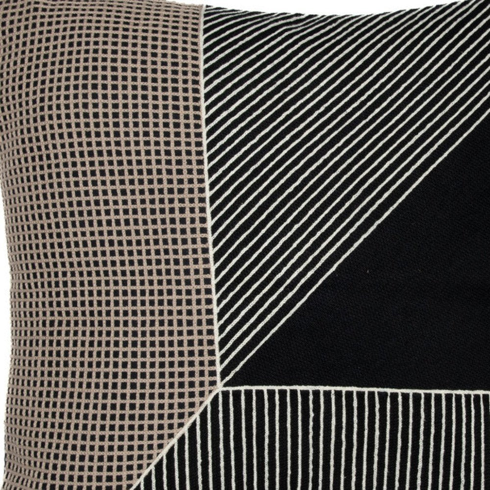 24" Black and White Geometric Cotton Throw Pillow  With Embroidery