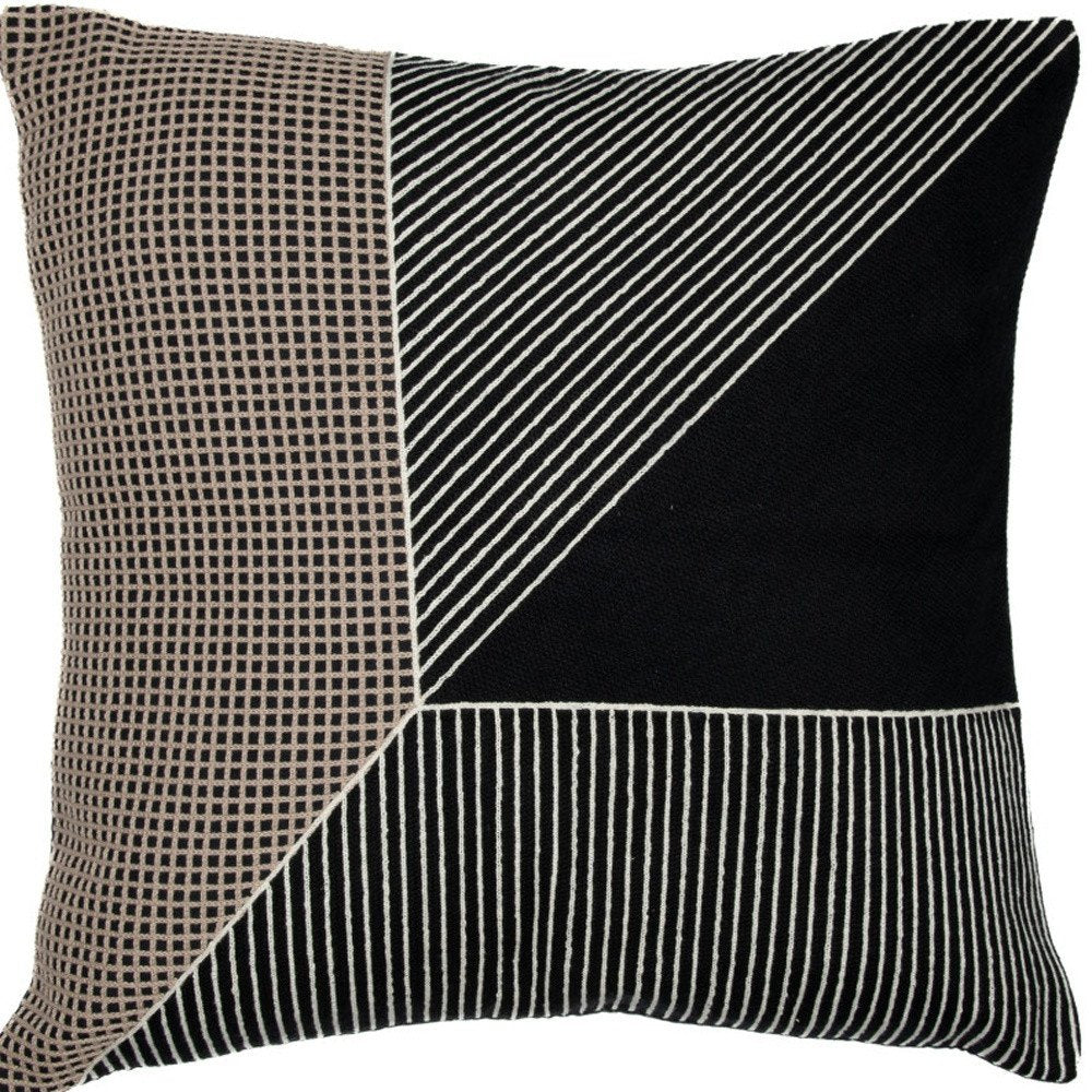 24" Black and White Geometric Cotton Throw Pillow  With Embroidery