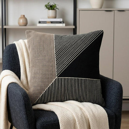 20" Blue and White Geometric Cotton Throw Pillow With Embroidery