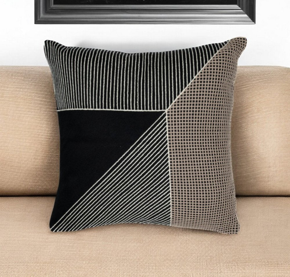 24" Black and White Geometric Cotton Throw Pillow  With Embroidery