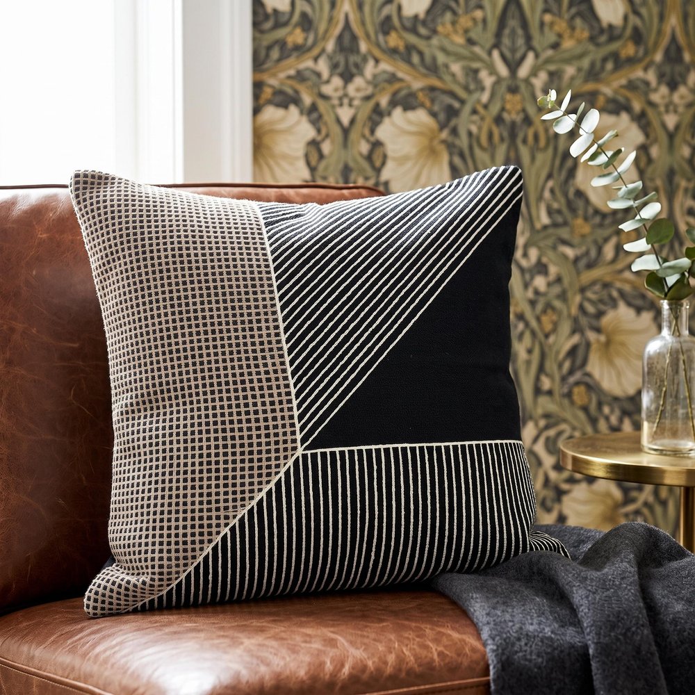 20" Black and White Geometric Cotton Throw Pillow With Embroidery