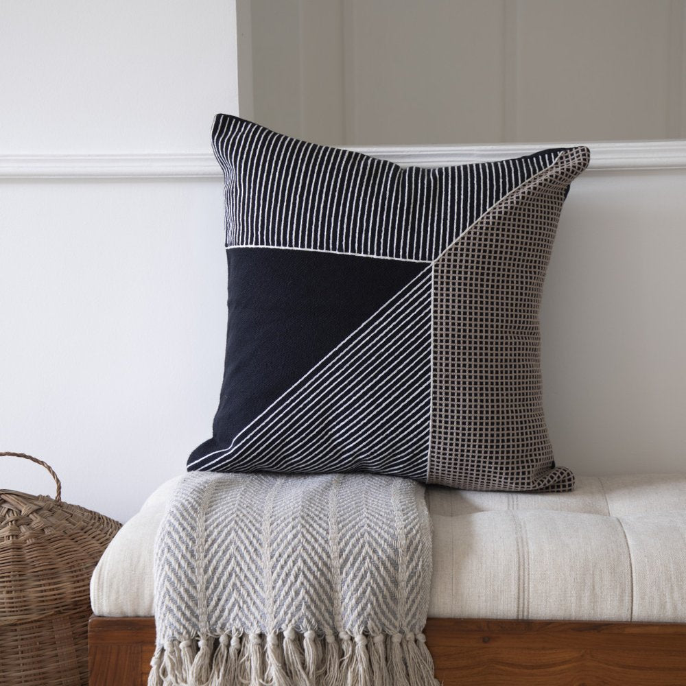 24" Black and White Geometric Cotton Throw Pillow  With Embroidery