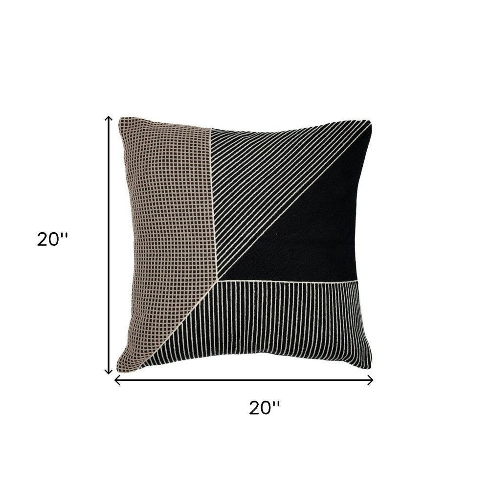 24" Black and White Geometric Cotton Throw Pillow  With Embroidery