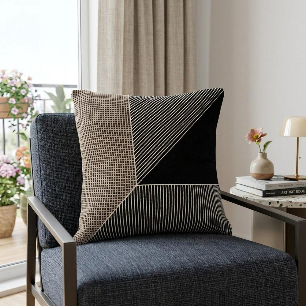 20" Black and White Geometric Cotton Throw Pillow With Embroidery