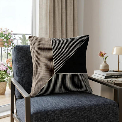 20" Black and White Geometric Cotton Throw Pillow With Embroidery