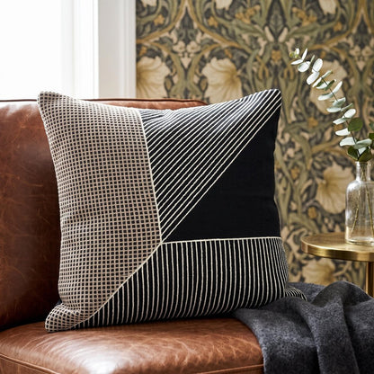 20" Black and White Geometric Cotton Throw Pillow With Embroidery