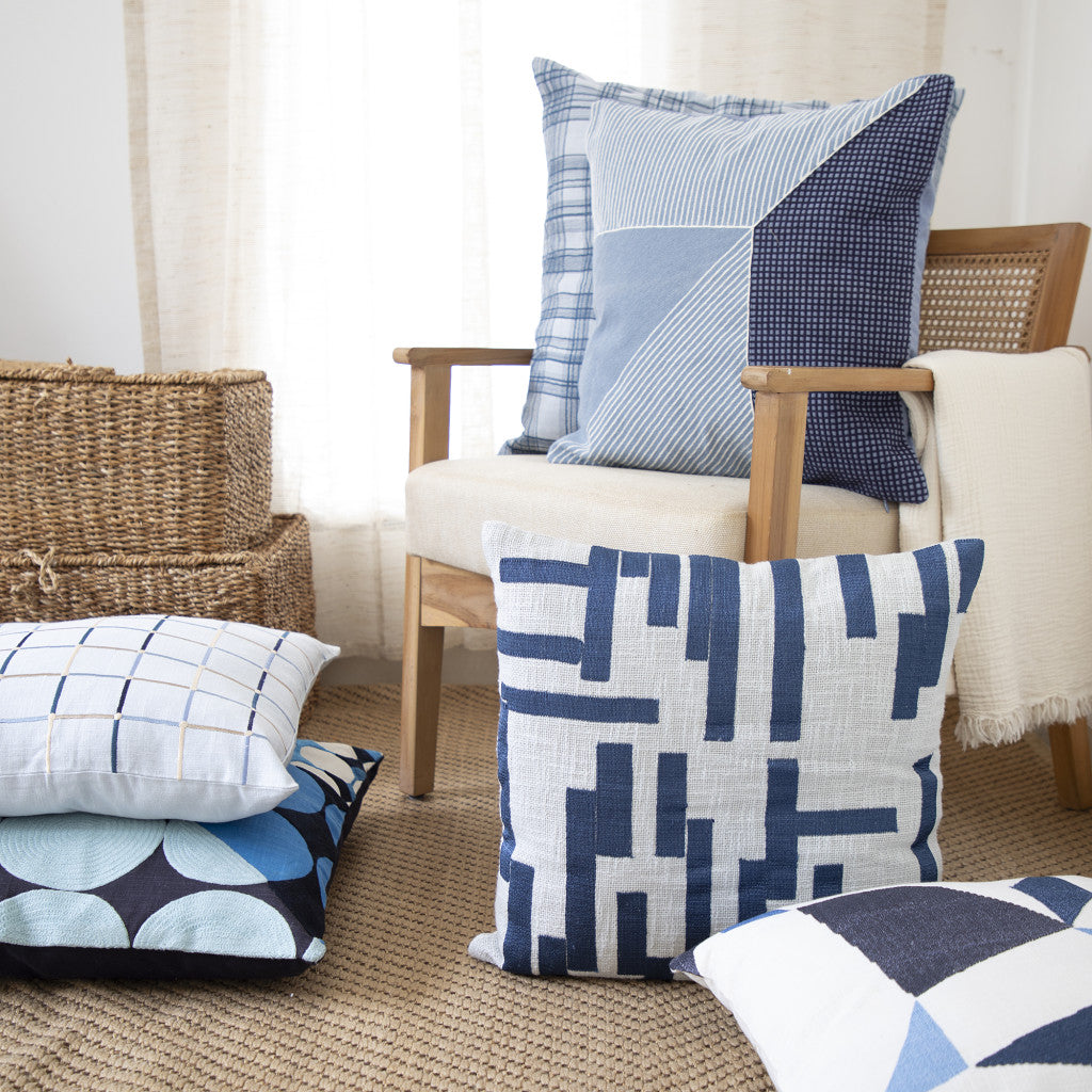 20" Blue and White Geometric Cotton Throw Pillow With Embroidery