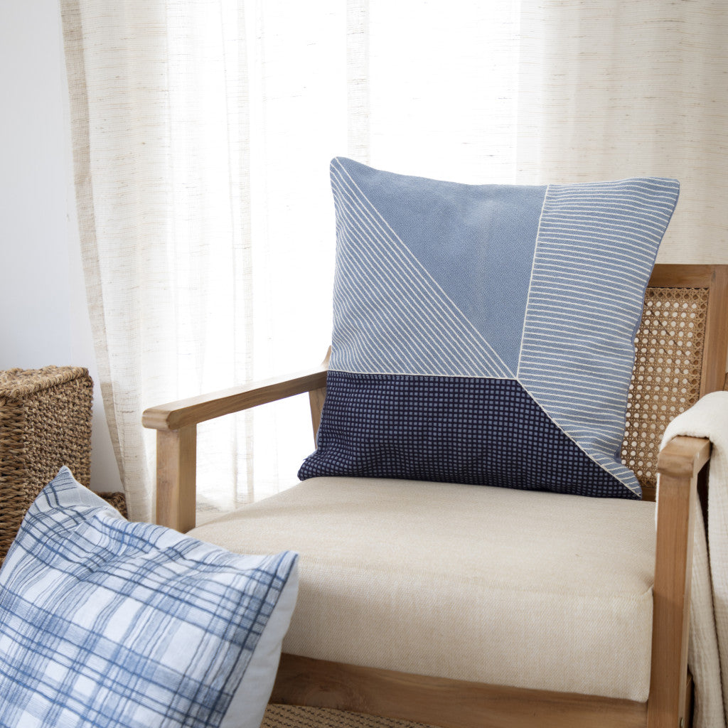 20" Blue and White Geometric Cotton Throw Pillow With Embroidery