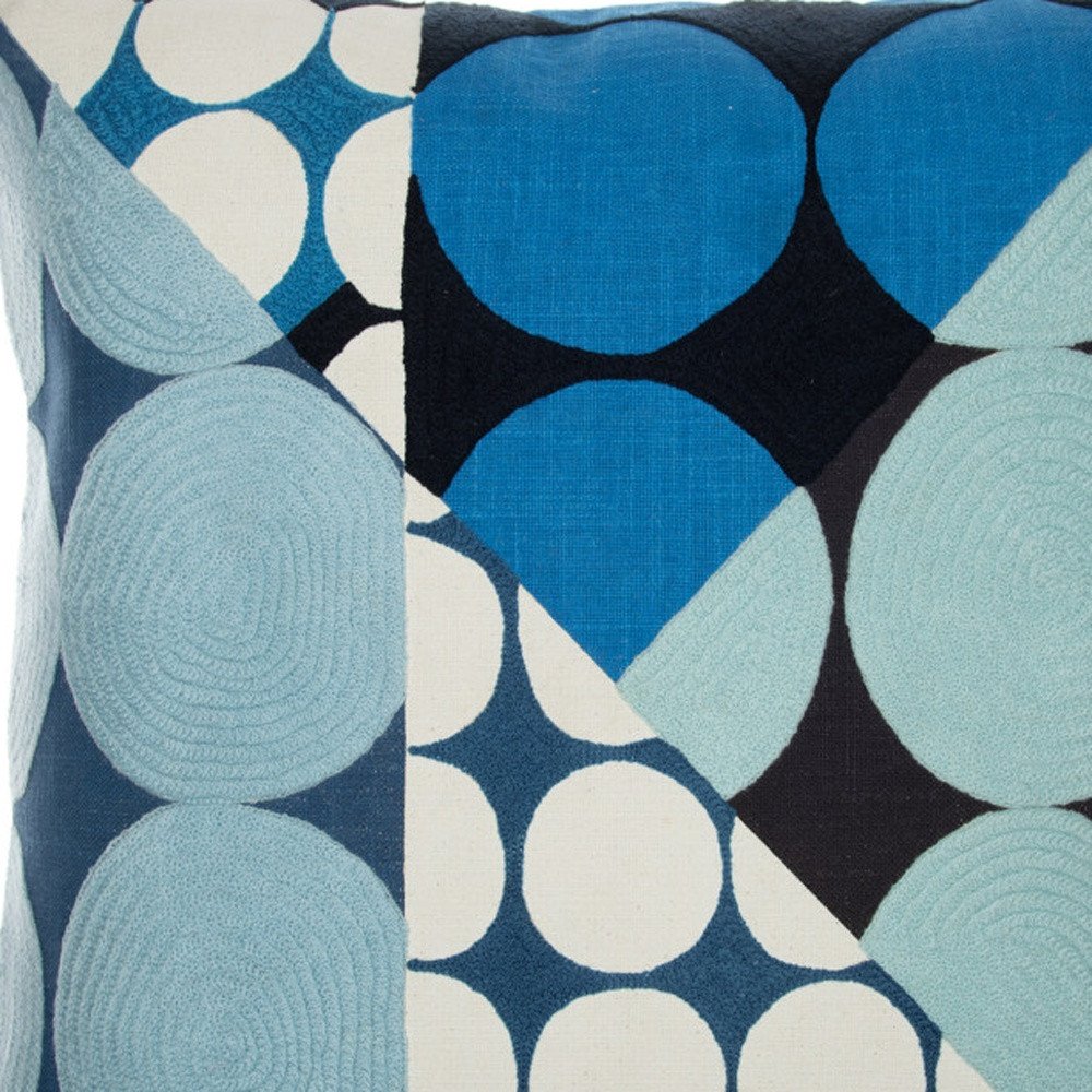 20" Beige and Black Geometric Cotton Throw Pillow With Embroidery