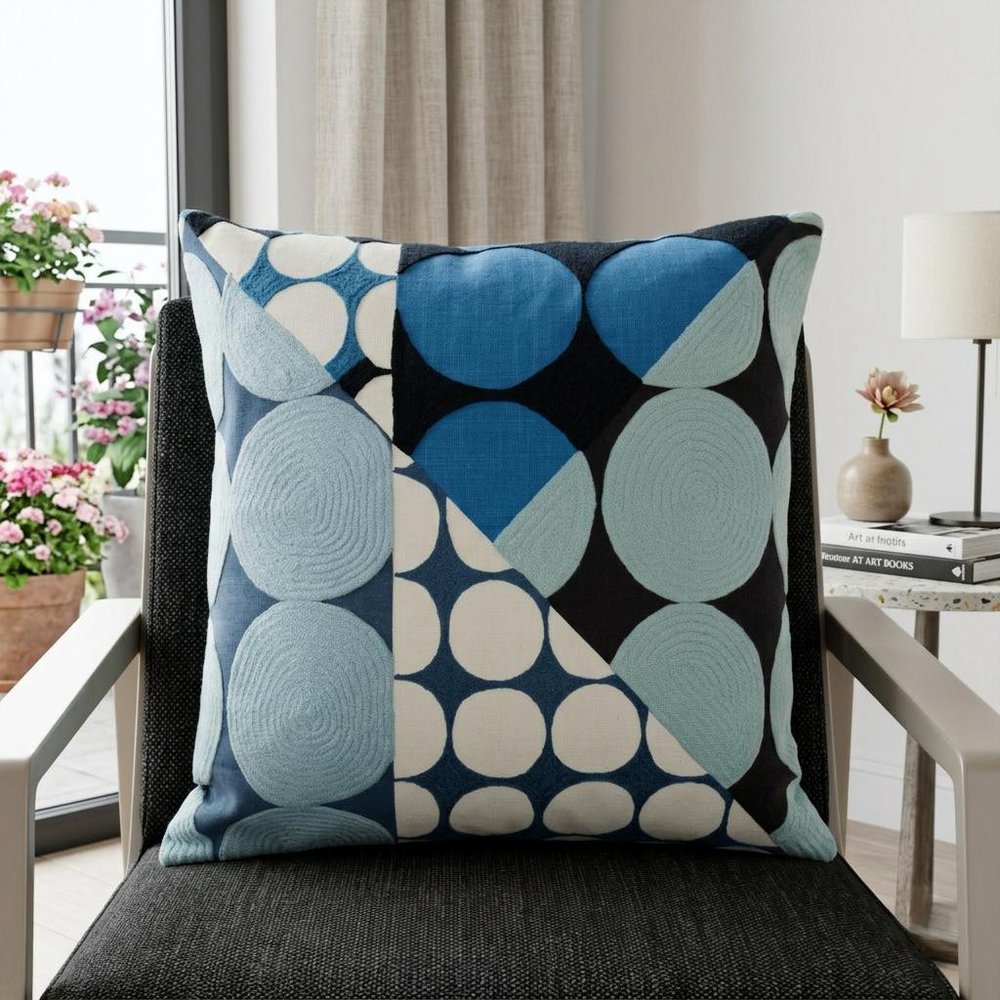 24" Beige and Black Geometric Cotton Throw Pillow With Embroidery