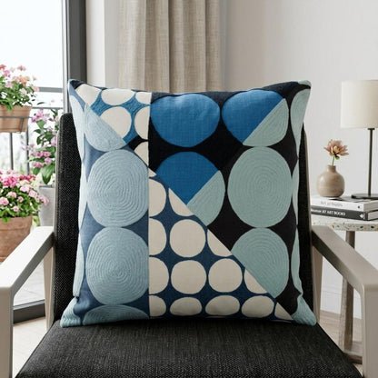 24" Beige and Black Geometric Cotton Throw Pillow With Embroidery