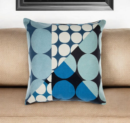 20" Beige and Black Geometric Cotton Throw Pillow With Embroidery