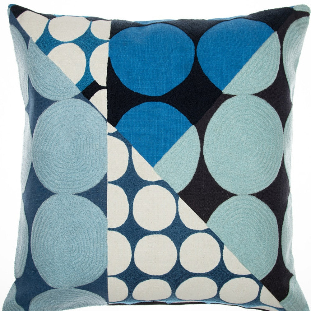 20" Blue and Ivory Geometric Cotton Throw Pillow  With Embroidery