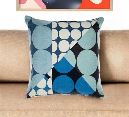 20" Beige and Black Geometric Cotton Throw Pillow With Embroidery