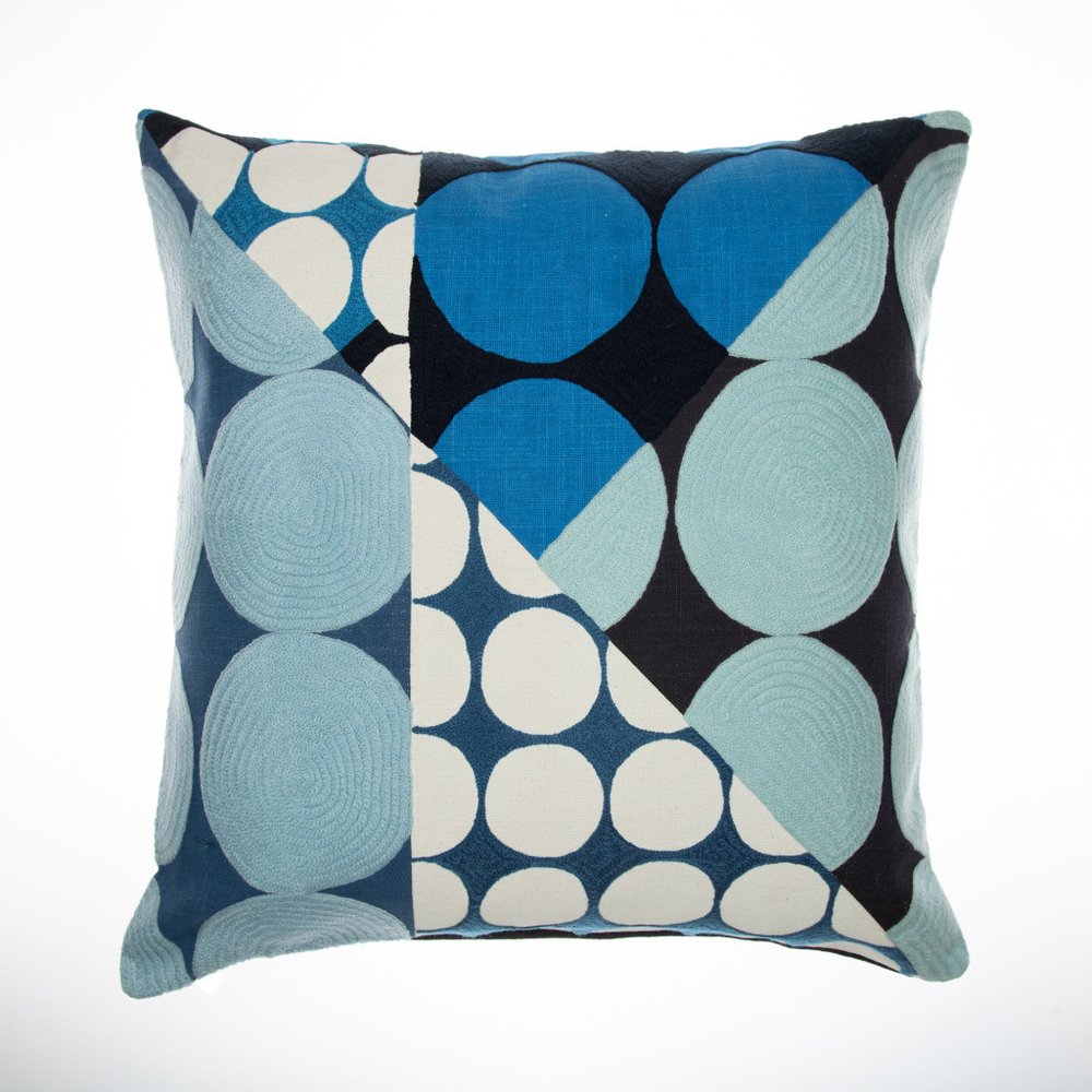 20" Beige and Black Geometric Cotton Throw Pillow With Embroidery
