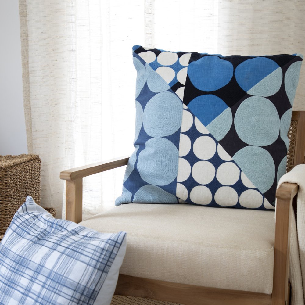 20" Beige and Black Geometric Cotton Throw Pillow With Embroidery