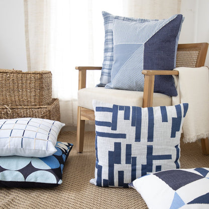 20" Beige and Black Geometric Cotton Throw Pillow With Embroidery
