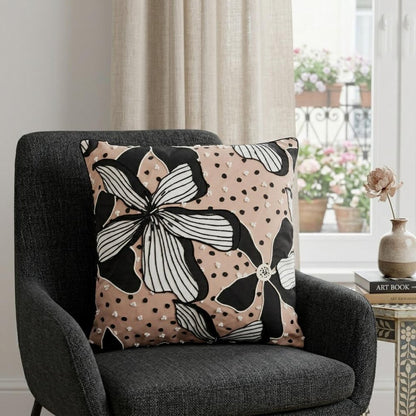 20" Beige and Black Tropical Throw Pillow With Embroidery