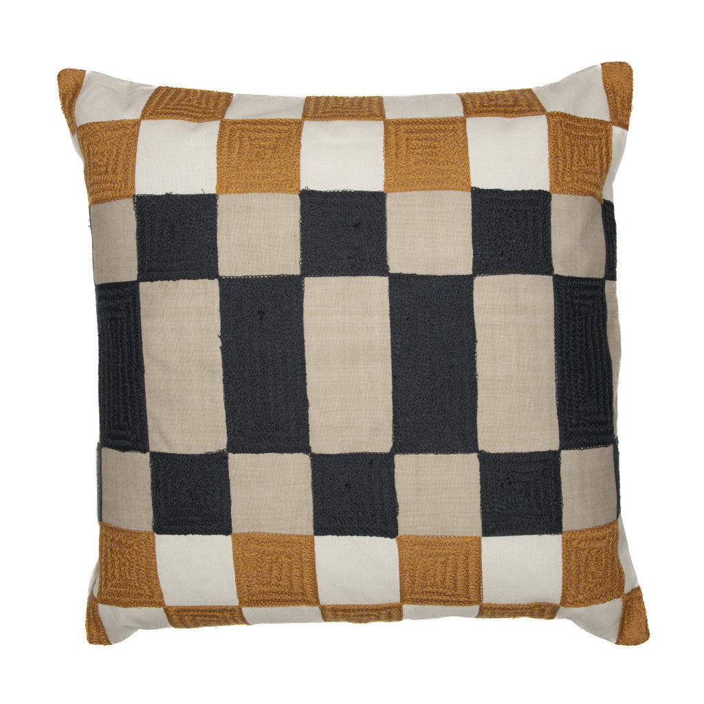 20" Yellow and Gray Check Throw Pillow With Embroidery