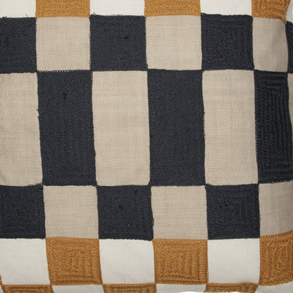 20" Yellow and Gray Check Throw Pillow With Embroidery