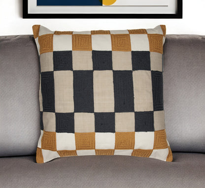 20" Yellow and Gray Check Throw Pillow With Embroidery