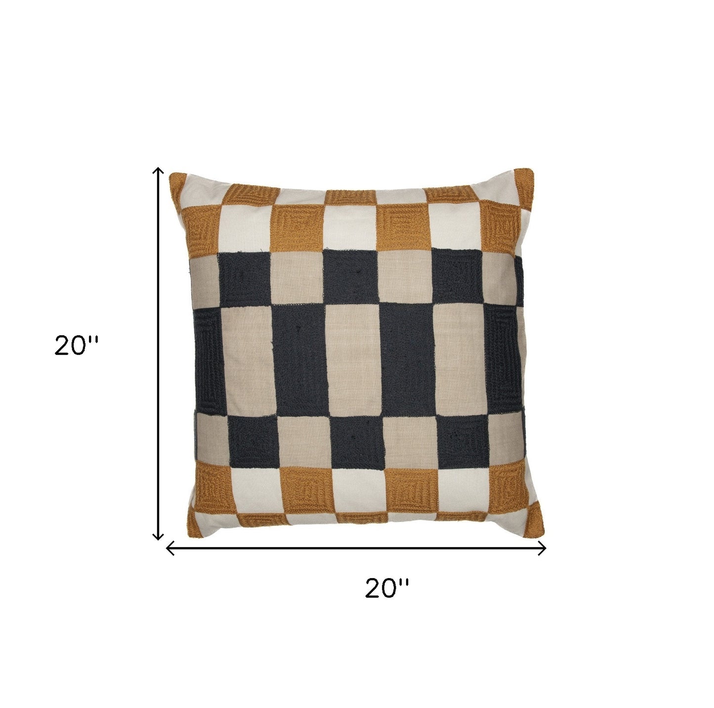 20" Yellow and Gray Check Throw Pillow With Embroidery