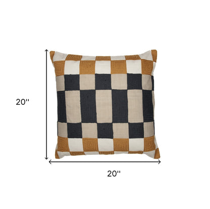 20" Yellow and Gray Check Throw Pillow With Embroidery